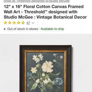 Threshold Floral Cotton Canvas Framed Wall Art - Black, White, Green 12x16